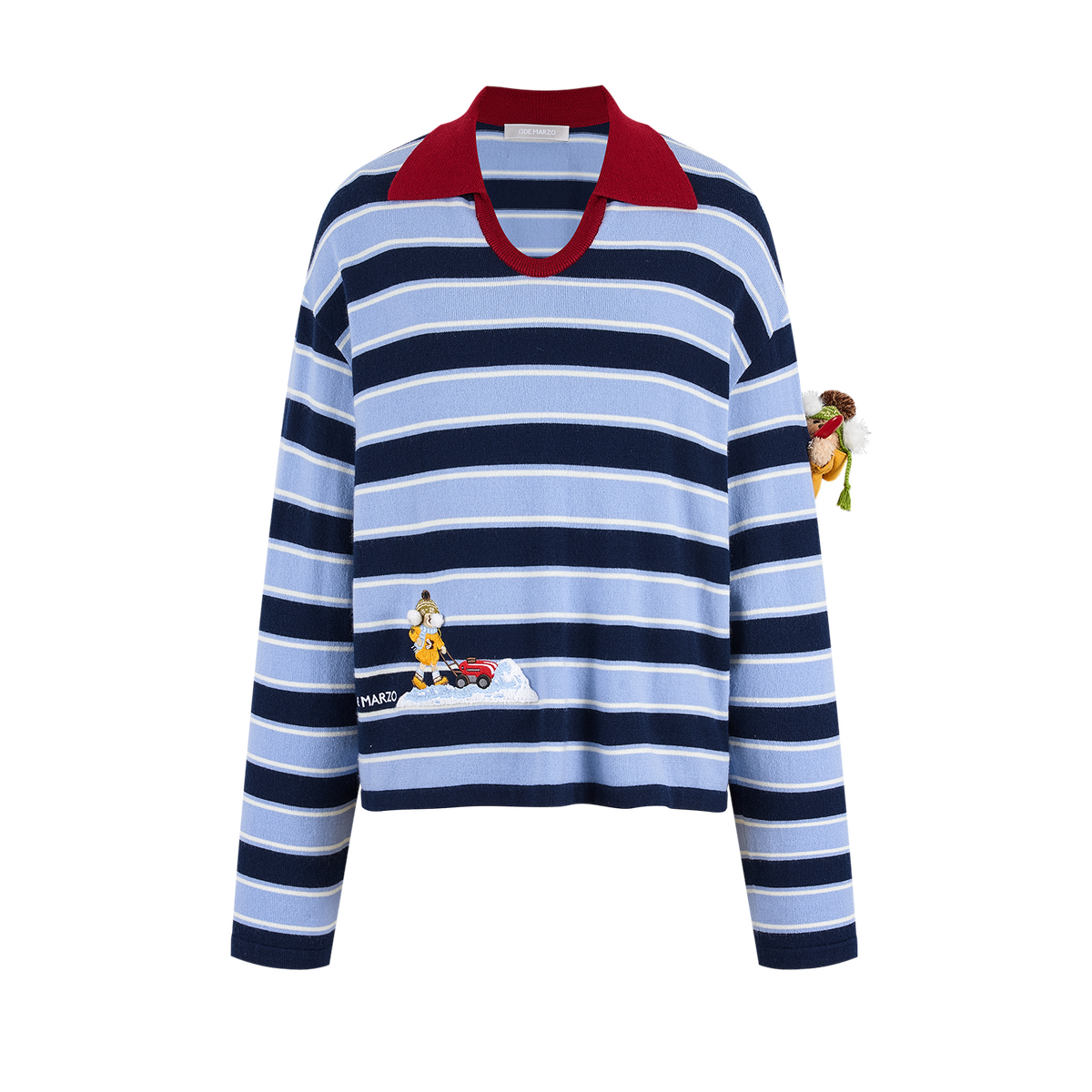 13DE MARZO Snow Bear Polo Stripe Knit Top Blue
