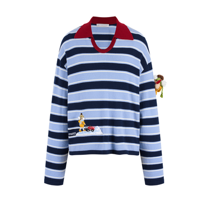 13DE MARZO Snow Bear Polo Stripe Knit Top Blue