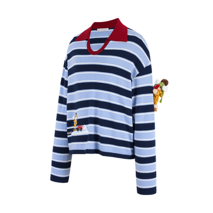 13DE MARZO Snow Bear Polo Stripe Knit Top Blue