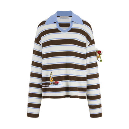 13DE MARZO Snow Bear Polo Stripe Knit Top Brown