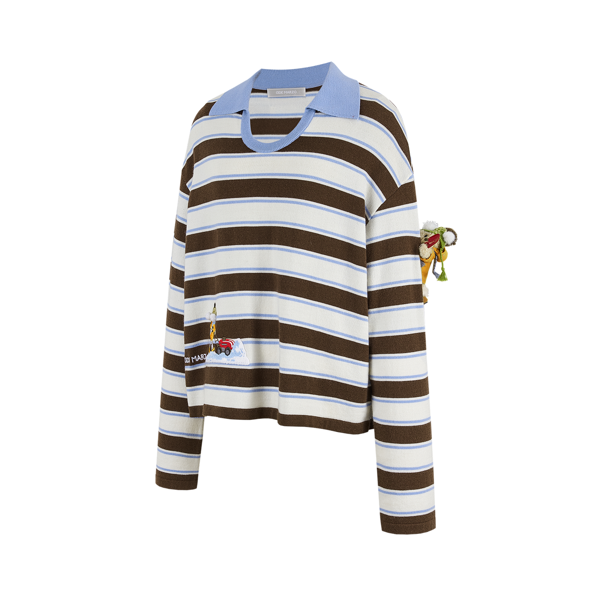 13DE MARZO Snow Bear Polo Stripe Knit Top Brown
