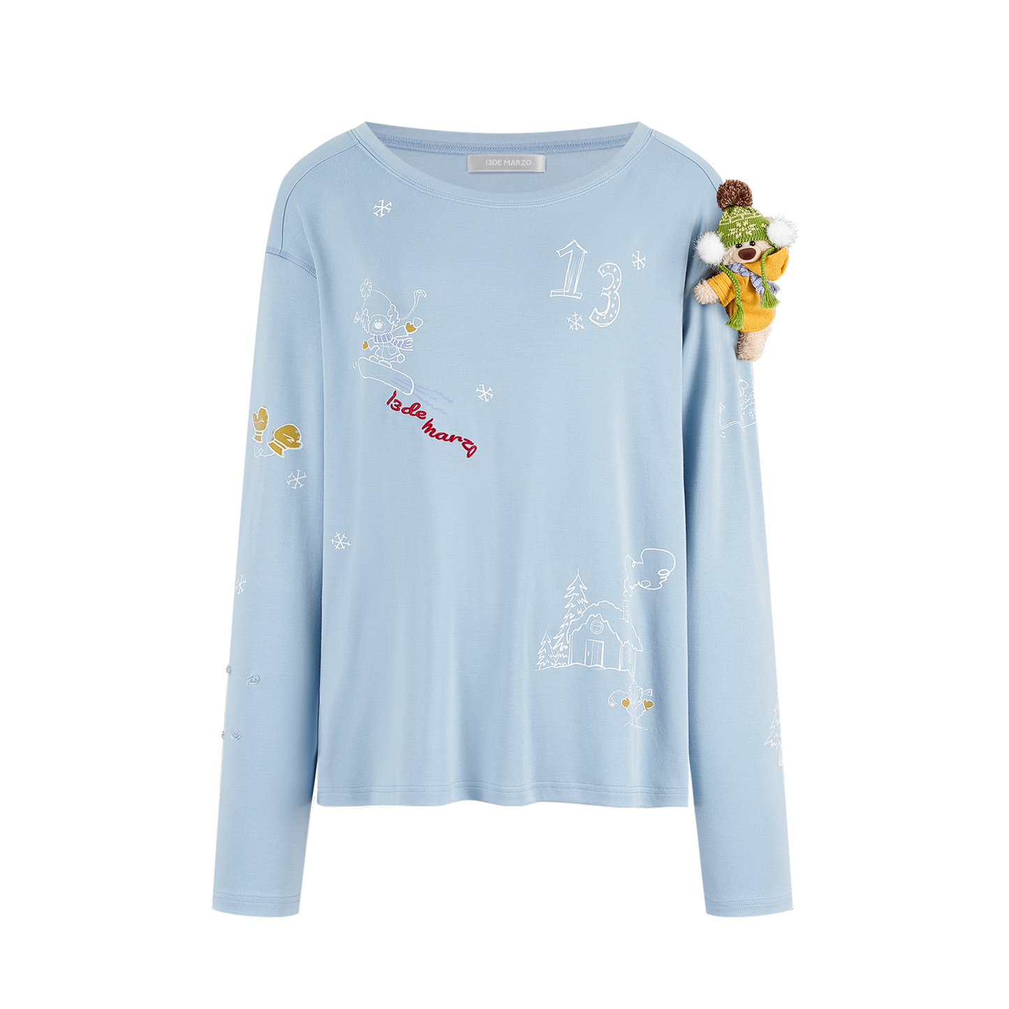 13DE MARZO Graffiti Snow Bear Off Shoulder T-shirt Blue