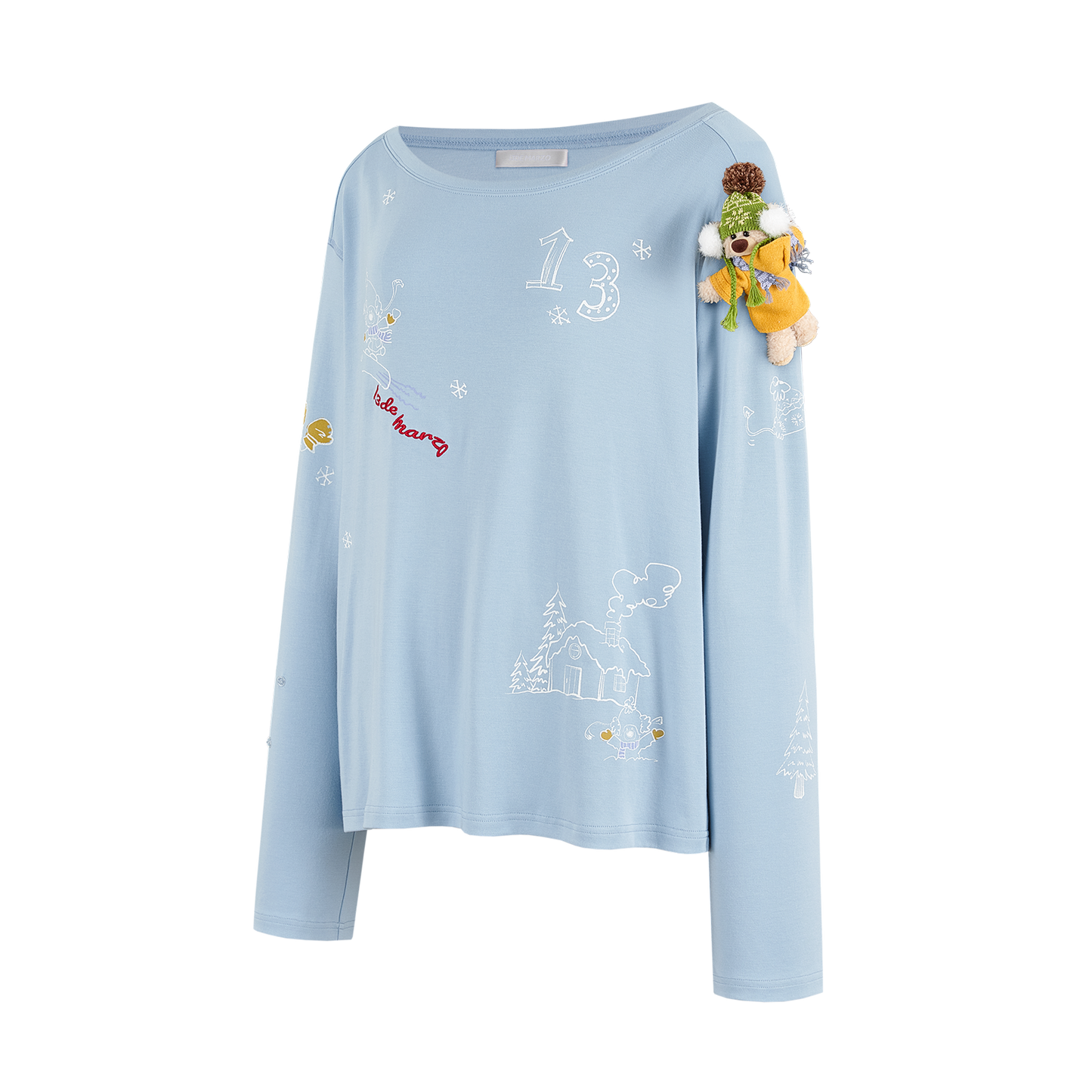 13DE MARZO Graffiti Snow Bear Off Shoulder T-shirt Blue