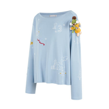 13DE MARZO Graffiti Snow Bear Off Shoulder T-shirt Blue