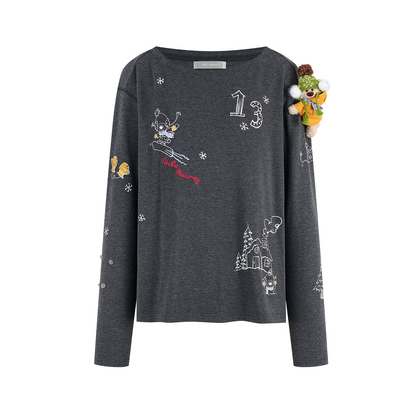 13DE MARZO Graffiti Snow Bear Off Shoulder T-shirt Dark Grey