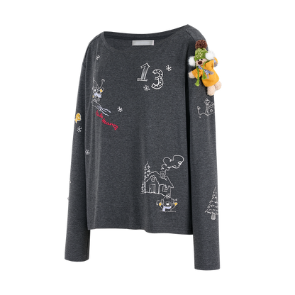 13DE MARZO Graffiti Snow Bear Off Shoulder T-shirt Dark Grey