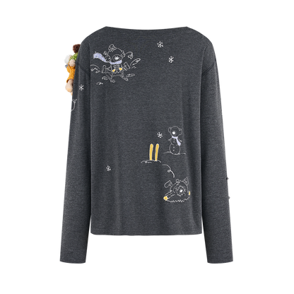 13DE MARZO Graffiti Snow Bear Off Shoulder T-shirt Dark Grey