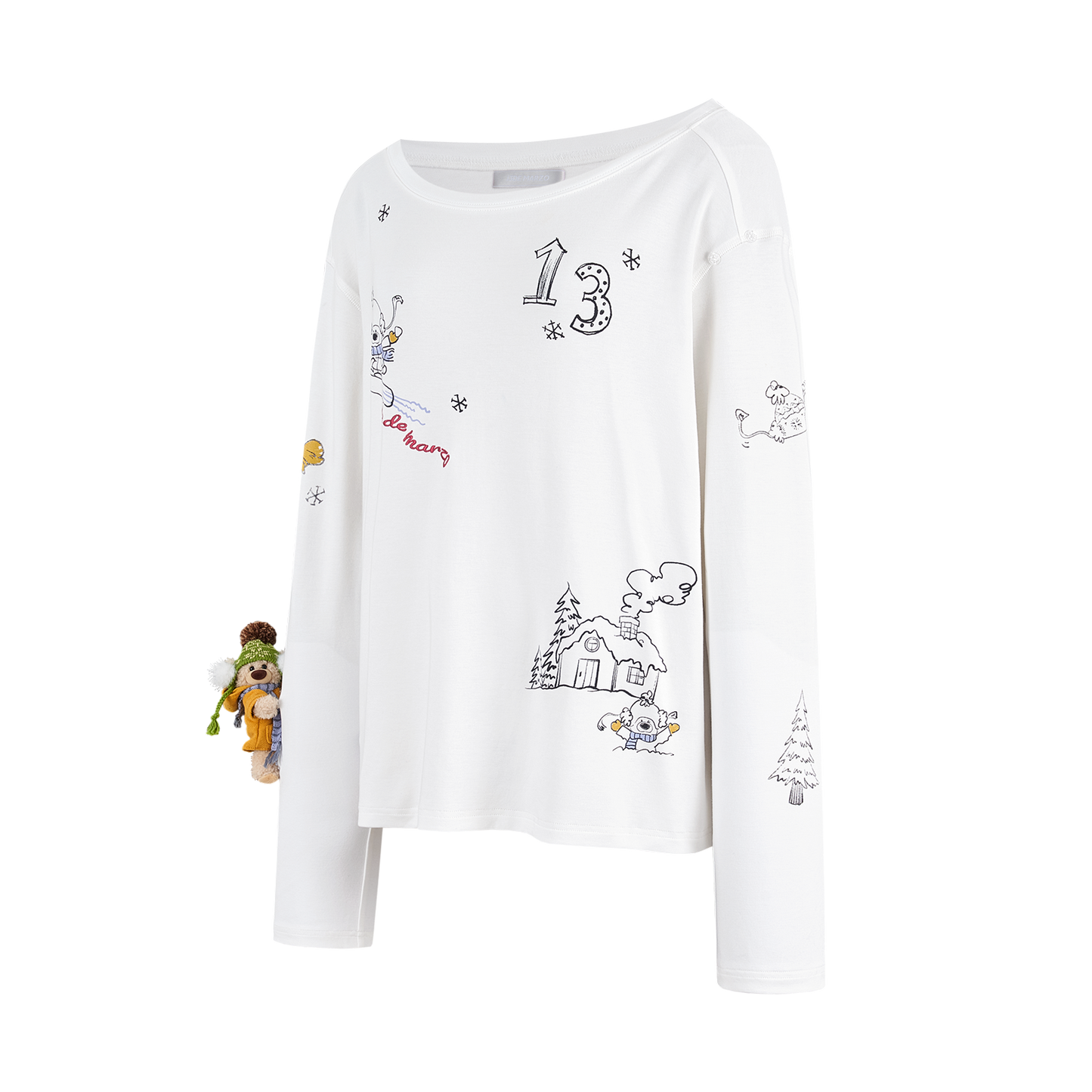 13DE MARZO Graffiti Snow Bear Off Shoulder T-shirt White