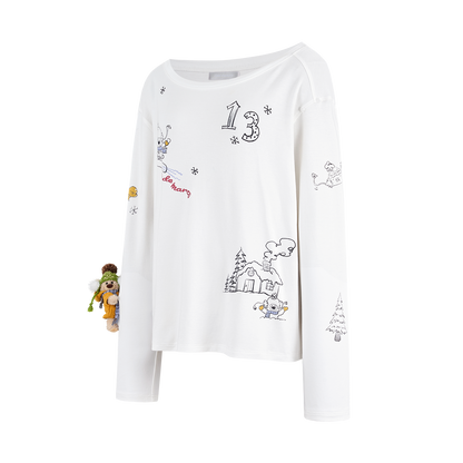 13DE MARZO Graffiti Snow Bear Off Shoulder T-shirt White
