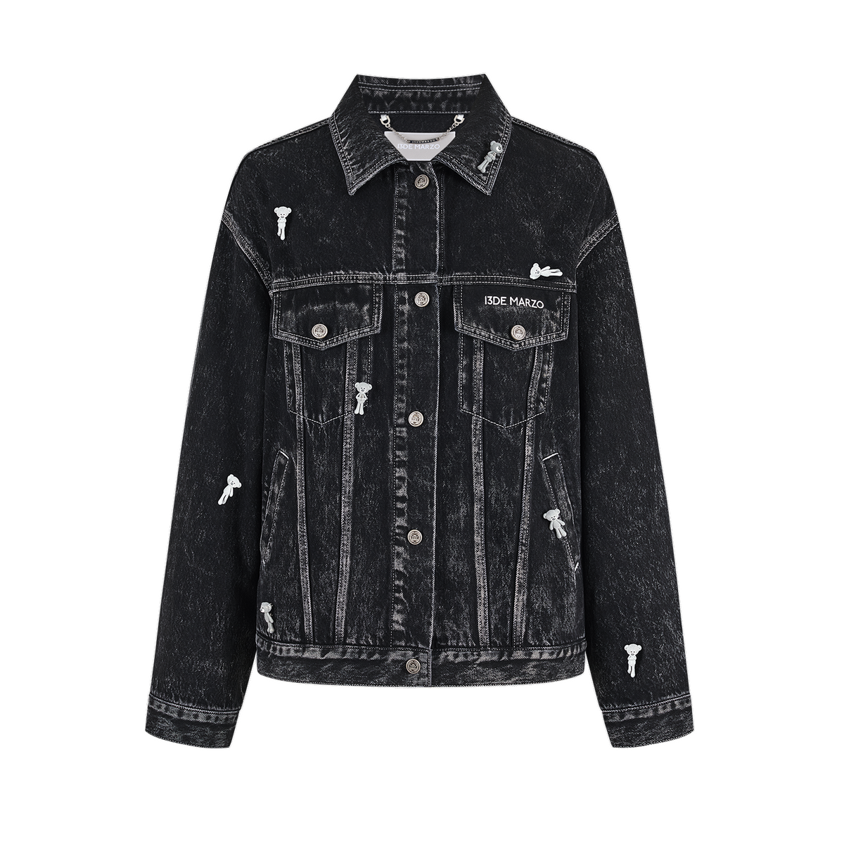 13DE MARZO All-Over Flocked Bear Denim Jacket Black