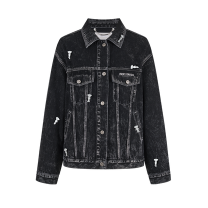 13DE MARZO All-Over Flocked Bear Denim Jacket Black