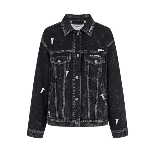 13DE MARZO All-Over Flocked Bear Denim Jacket Black