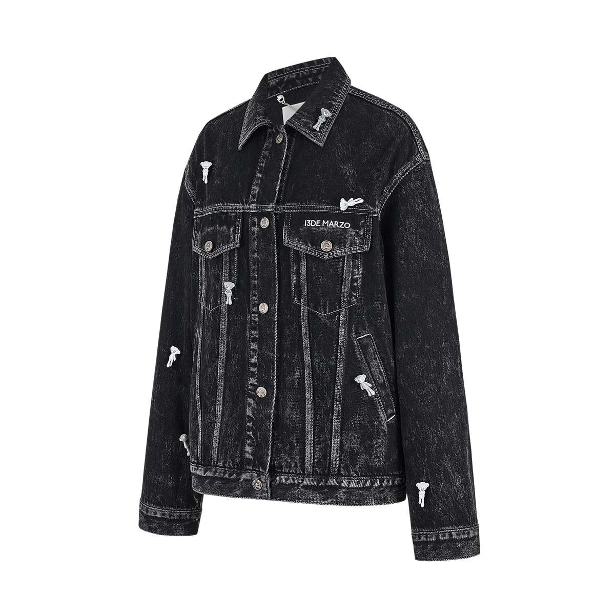 13DE MARZO All-Over Flocked Bear Denim Jacket Black
