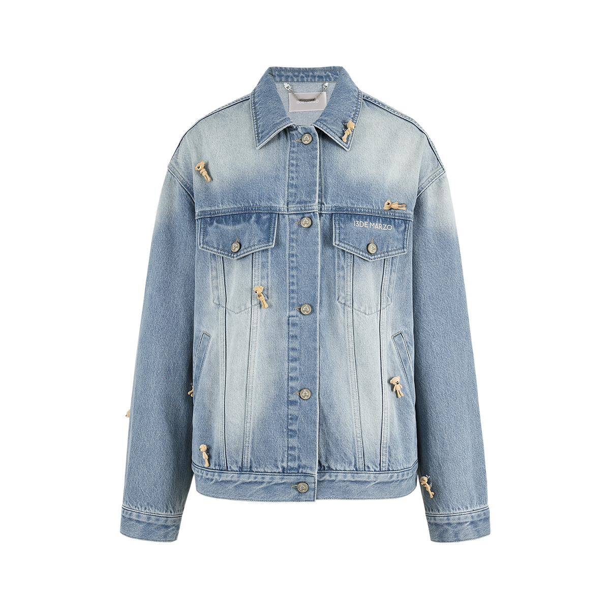 13DE MARZO All-Over Flocked Bear Denim Jacket Blue