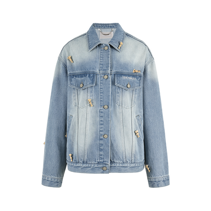 13DE MARZO All-Over Flocked Bear Denim Jacket Blue