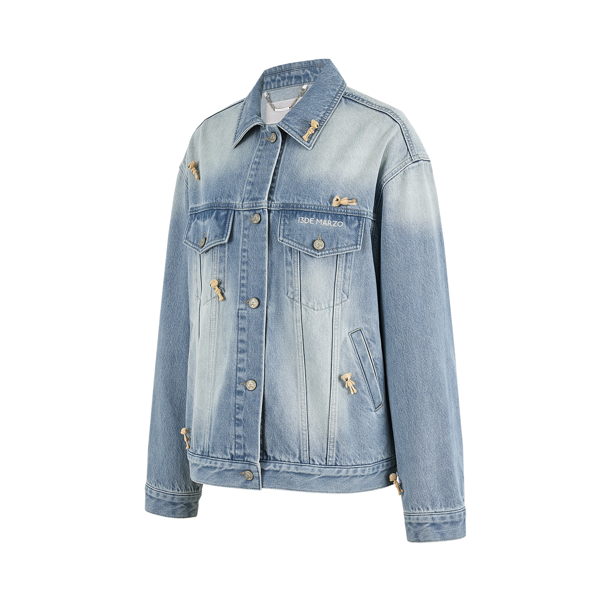 13DE MARZO All-Over Flocked Bear Denim Jacket Blue