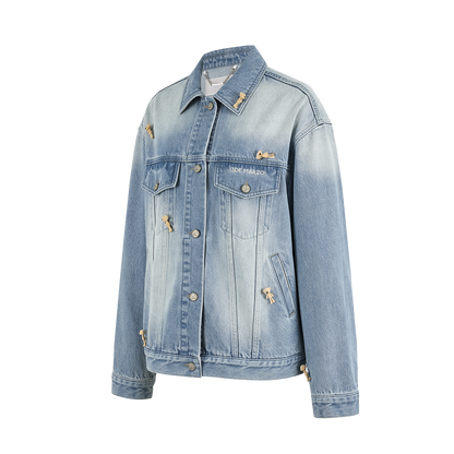 13DE MARZO All-Over Flocked Bear Denim Jacket Blue