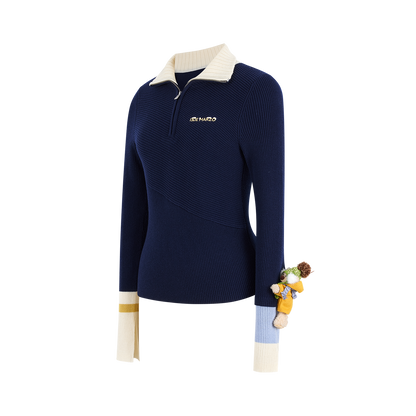13DE MARZO Snow Bear Asymmetric Cuff Top Navy Blue
