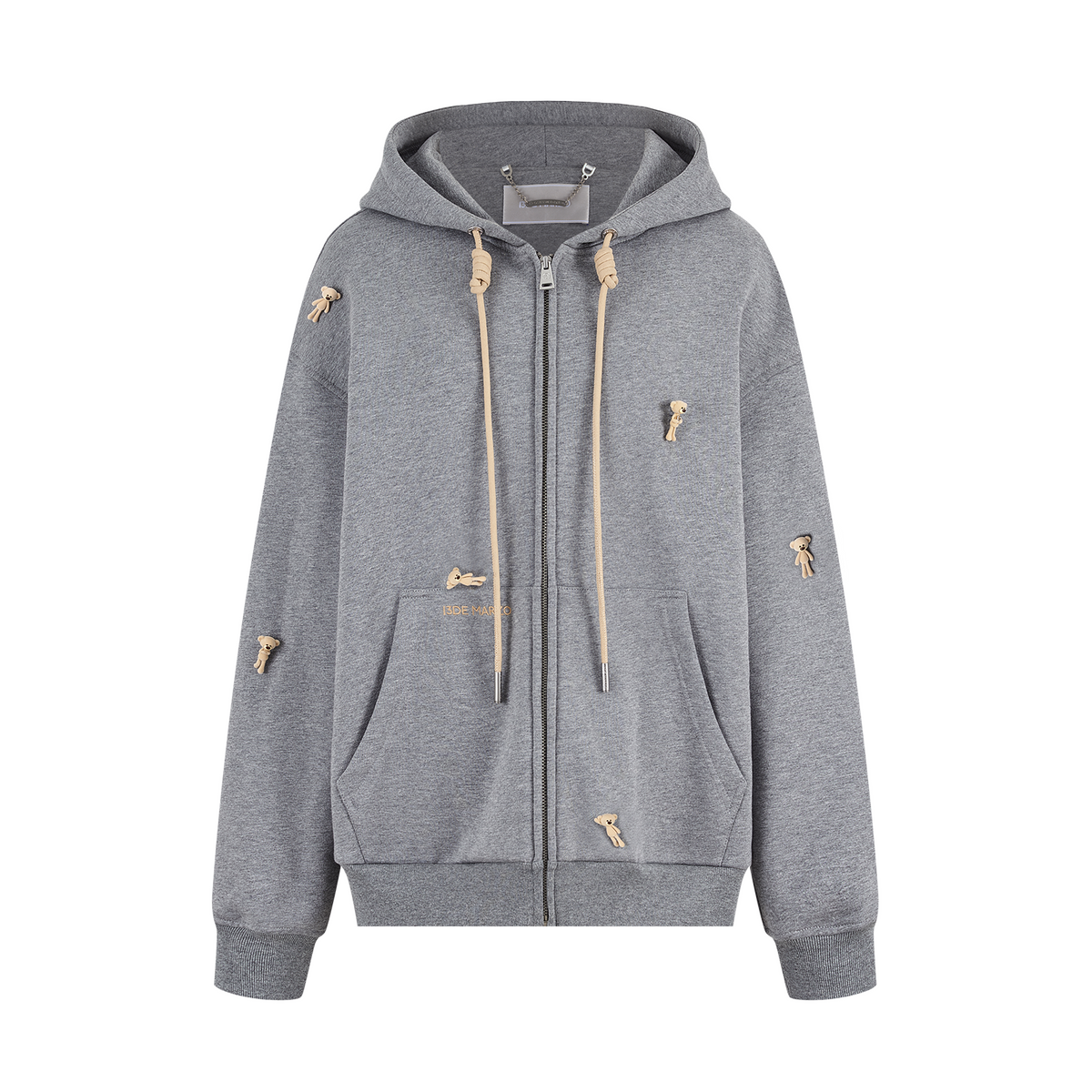 13DE MARZO All-Over Flocked Bear Zipper Hoodie Grey