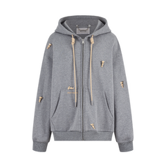 13DE MARZO All-Over Flocked Bear Zipper Hoodie Grey