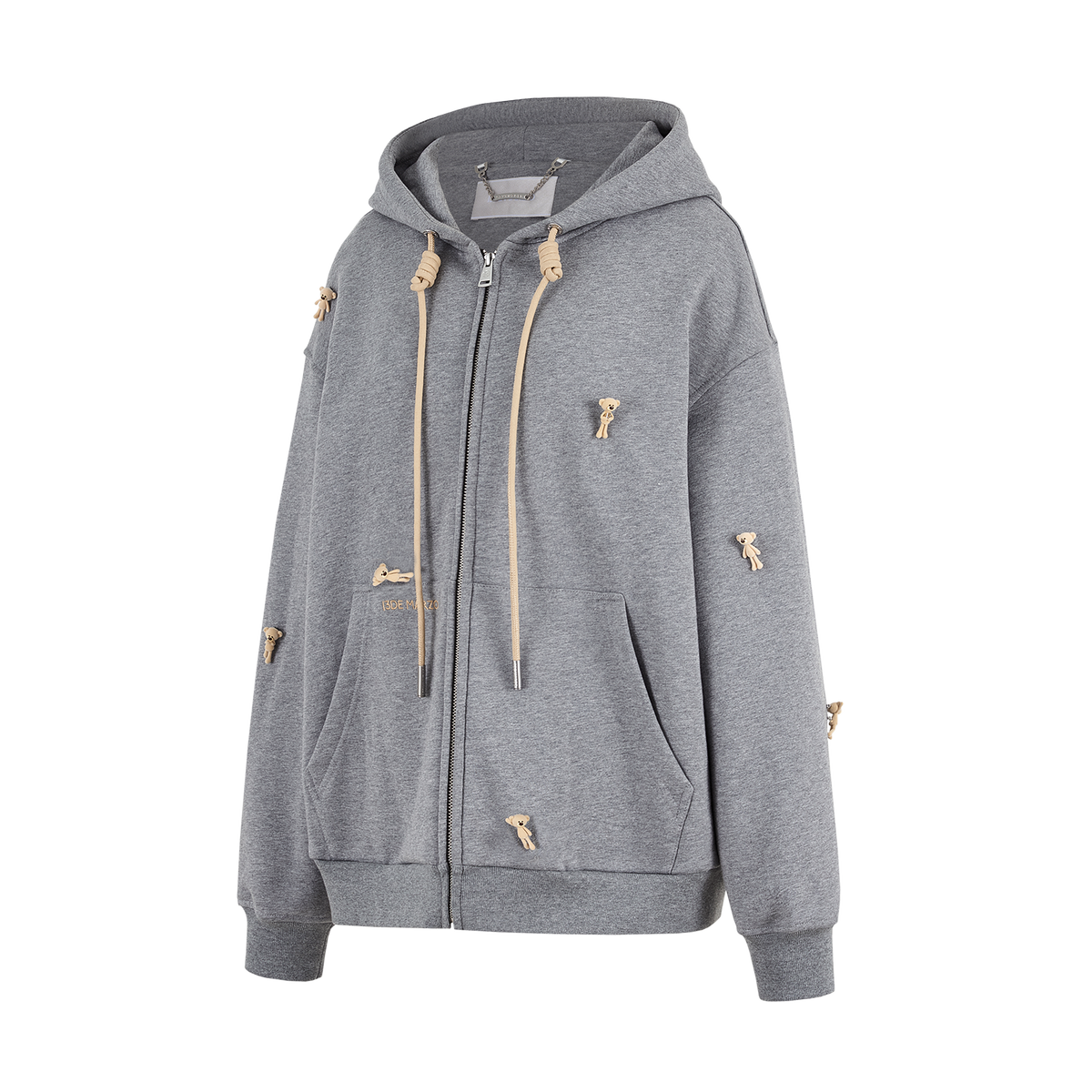 13DE MARZO All-Over Flocked Bear Zipper Hoodie Grey
