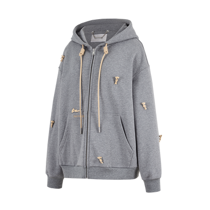 13DE MARZO All-Over Flocked Bear Zipper Hoodie Grey