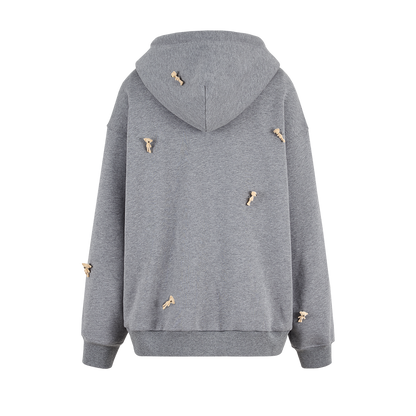 13DE MARZO All-Over Flocked Bear Zipper Hoodie Grey