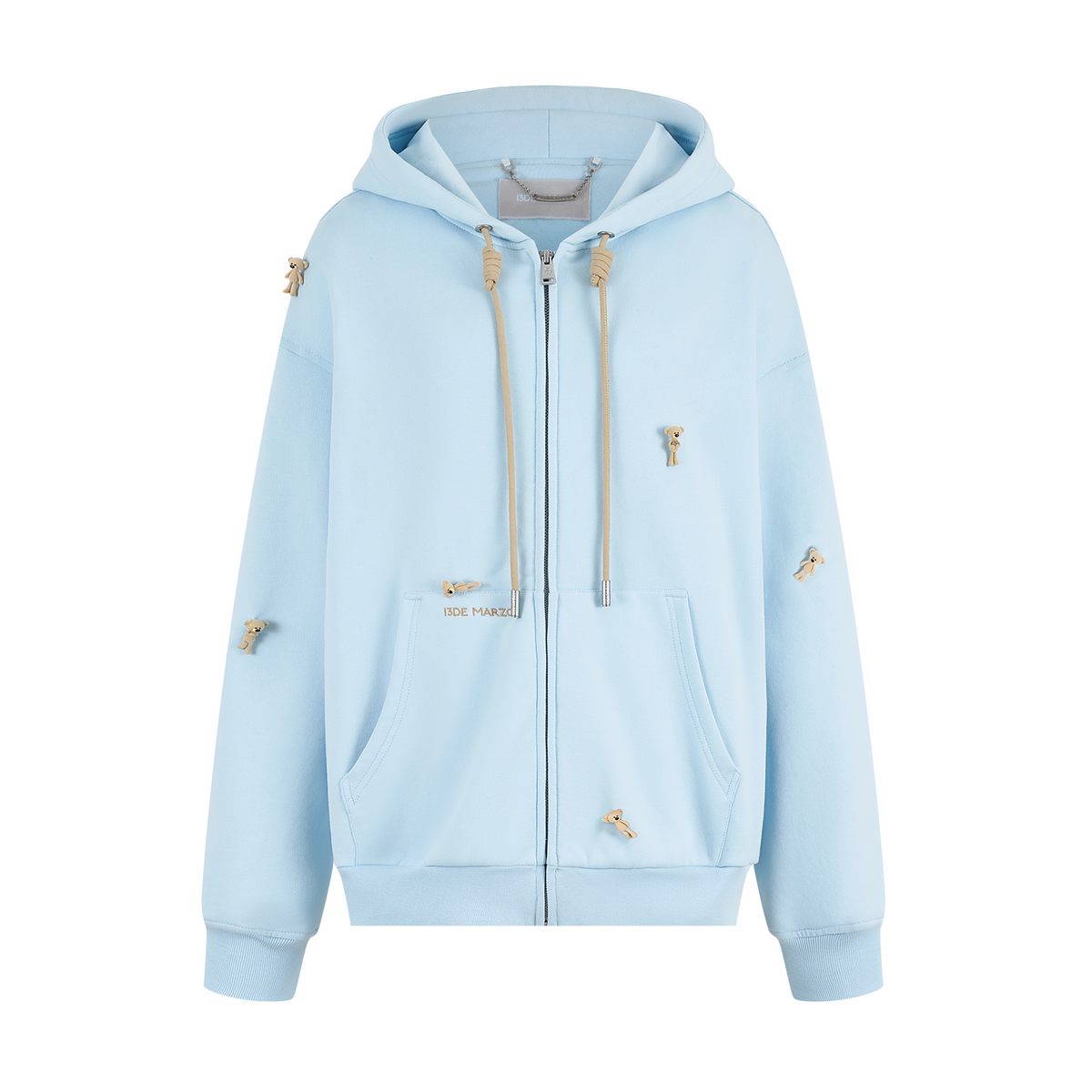13DE MARZO All-Over Flocked Bear Zipper Hoodie Blue