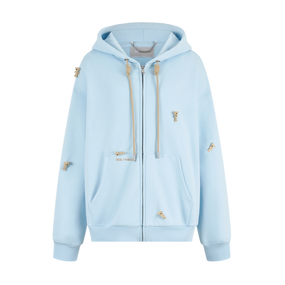 13DE MARZO All-Over Flocked Bear Zipper Hoodie Blue