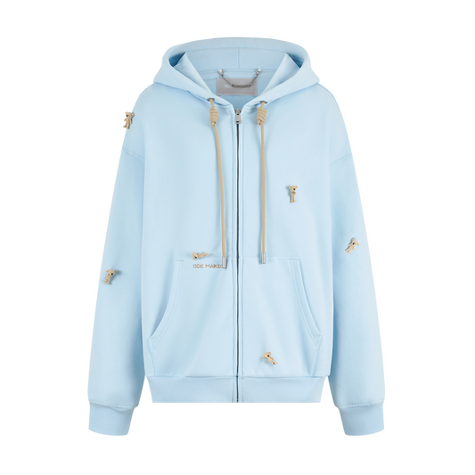 13DE MARZO All-Over Flocked Bear Zipper Hoodie Blue