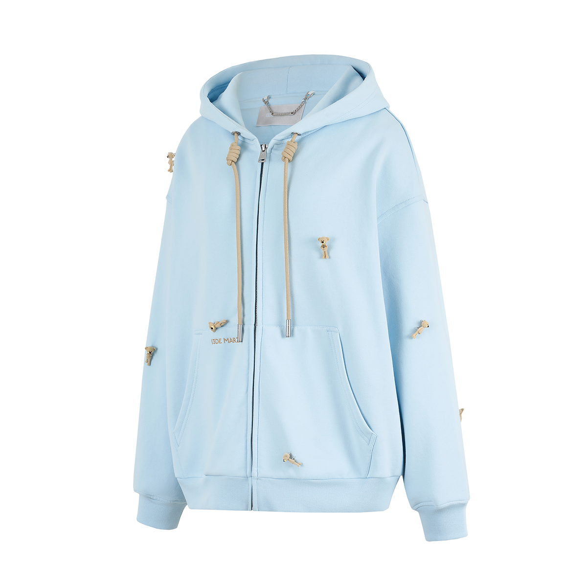 13DE MARZO All-Over Flocked Bear Zipper Hoodie Blue