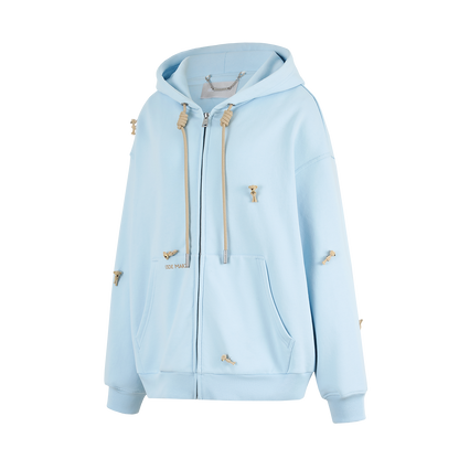 13DE MARZO All-Over Flocked Bear Zipper Hoodie Blue
