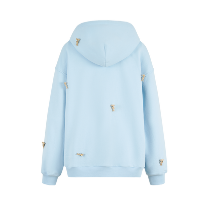 13DE MARZO All-Over Flocked Bear Zipper Hoodie Blue