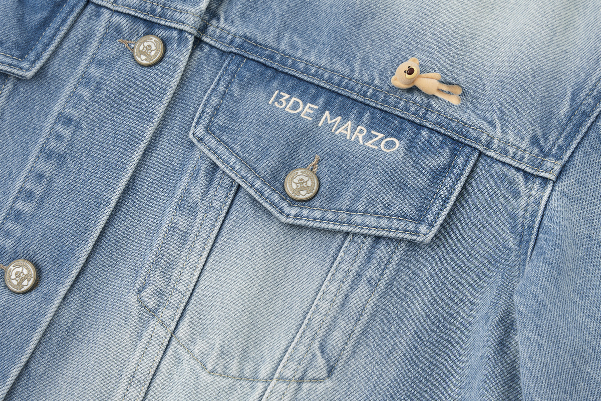 13DE MARZO All-Over Flocked Bear Denim Jacket Blue