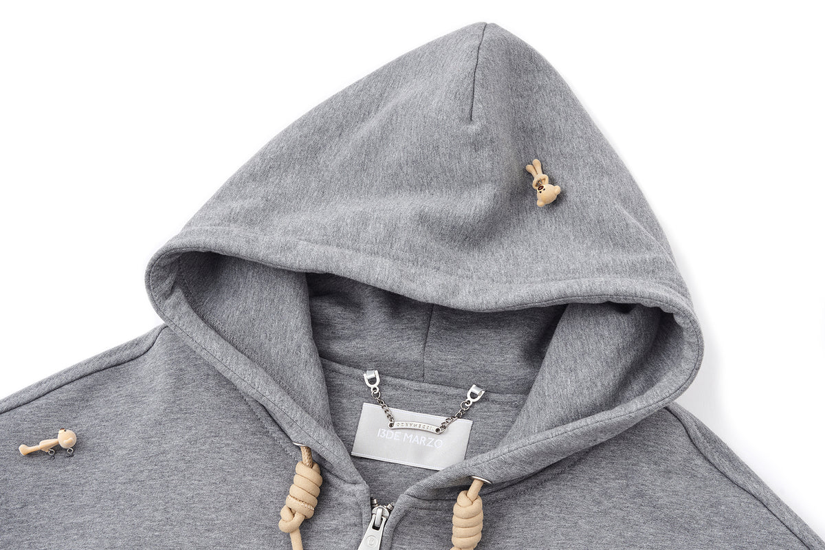 13DE MARZO All-Over Flocked Bear Zipper Hoodie Grey