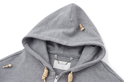 13DE MARZO All-Over Flocked Bear Zipper Hoodie Grey