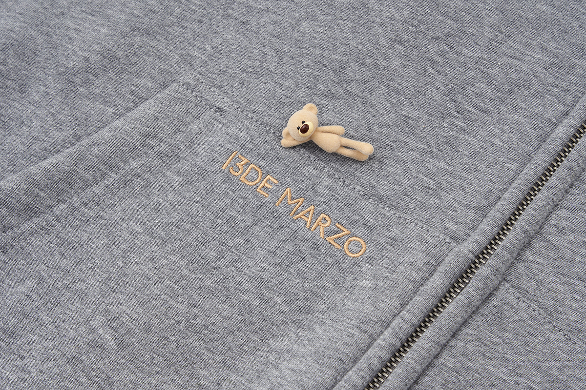 13DE MARZO All-Over Flocked Bear Zipper Hoodie Grey
