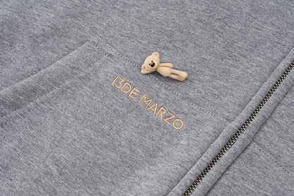 13DE MARZO All-Over Flocked Bear Zipper Hoodie Grey