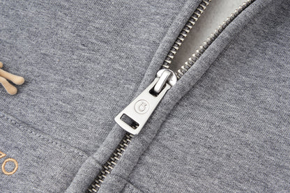 13DE MARZO All-Over Flocked Bear Zipper Hoodie Grey