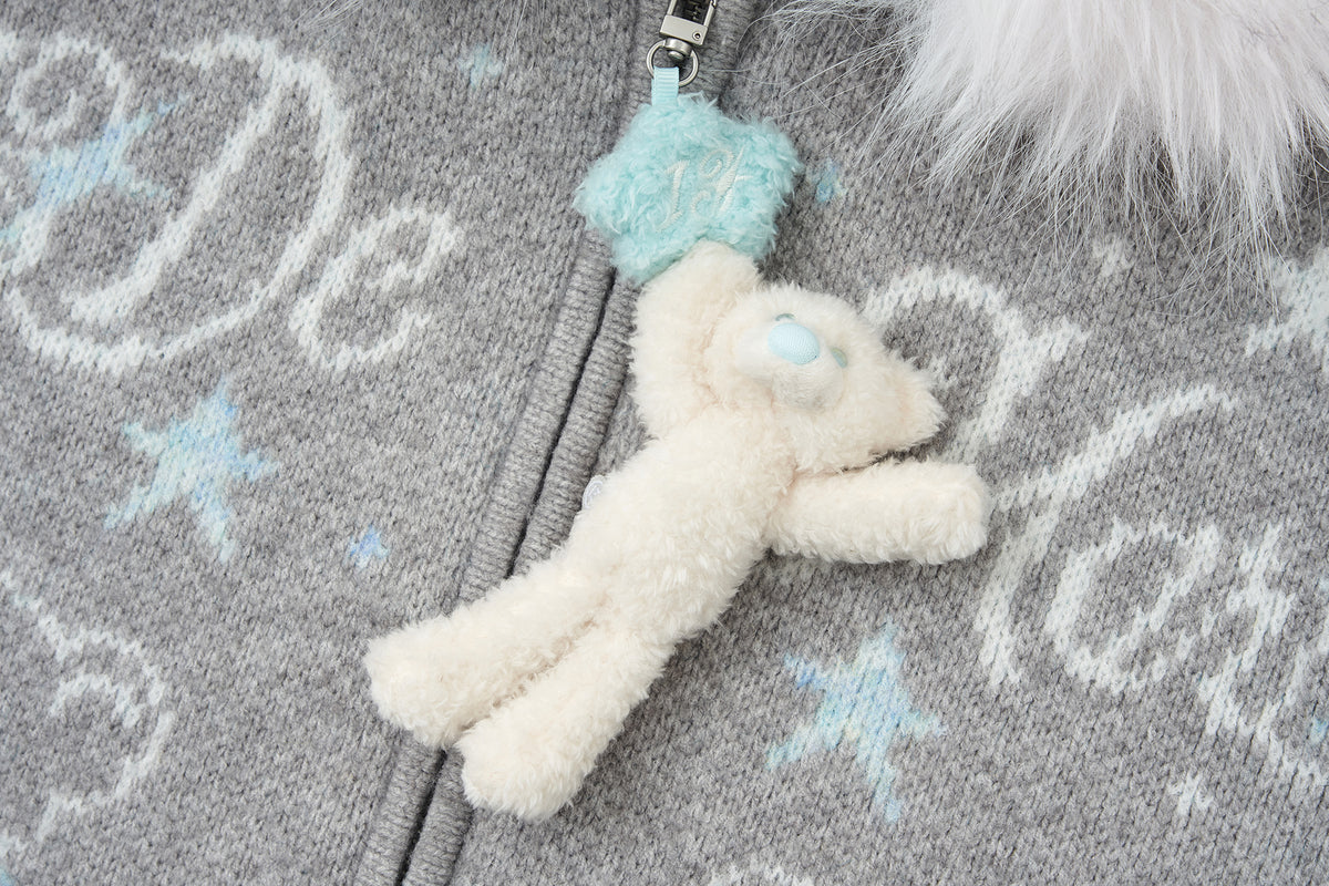 13DE MARZO Fair Isle Collar Zip Hoodie Grey - 13DE MARZO