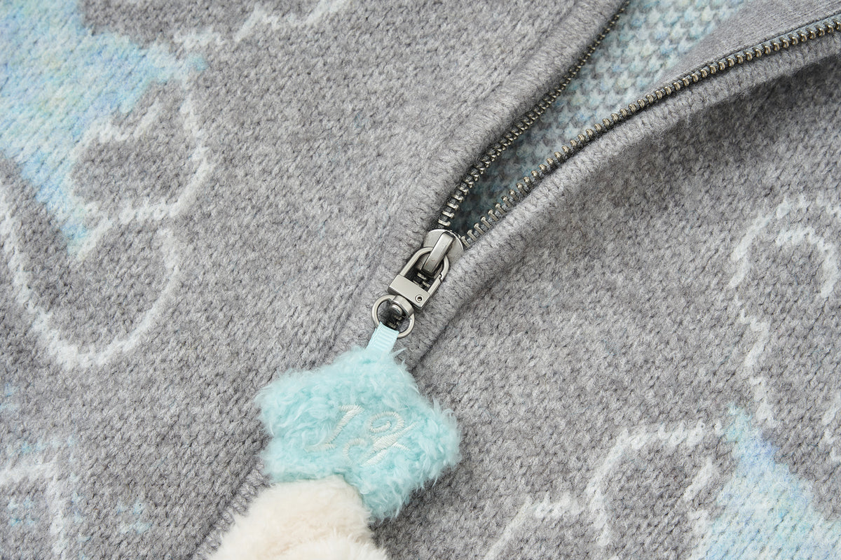13DE MARZO Fair Isle Collar Zip Hoodie Grey - 13DE MARZO