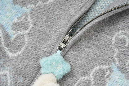 13DE MARZO Fair Isle Collar Zip Hoodie Grey - 13DE MARZO