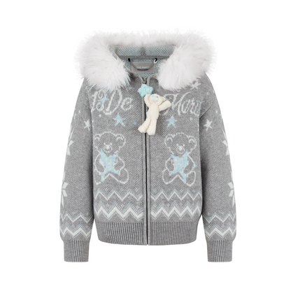 13DE MARZO Fair Isle Collar Zip Hoodie Grey - 13DE MARZO