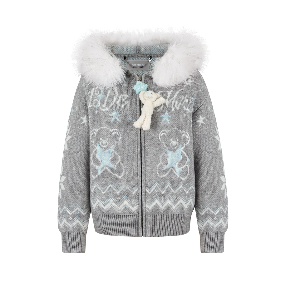 13DE MARZO Fair Isle Collar Zip Hoodie Grey - 13DE MARZO