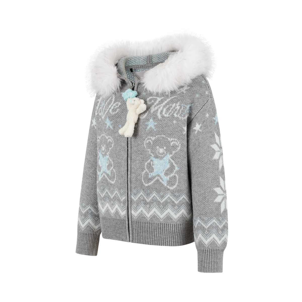 13DE MARZO Fair Isle Collar Zip Hoodie Grey - 13DE MARZO