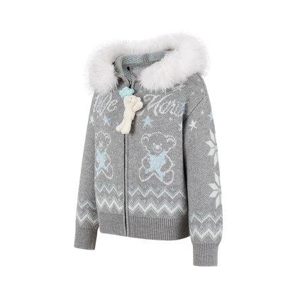 13DE MARZO Fair Isle Collar Zip Hoodie Grey - 13DE MARZO
