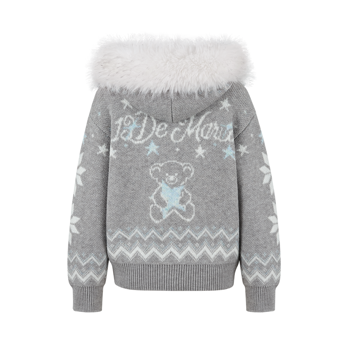 13DE MARZO Fair Isle Collar Zip Hoodie Grey - 13DE MARZO