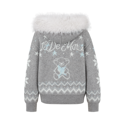 13DE MARZO Fair Isle Collar Zip Hoodie Grey - 13DE MARZO