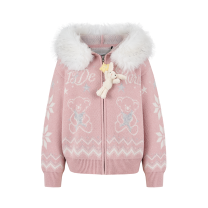 13DE MARZO Fair Isle Collar Zip Hoodie Pink - 13DE MARZO