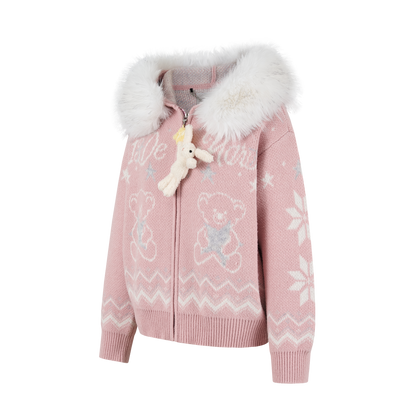 13DE MARZO Fair Isle Collar Zip Hoodie Pink - 13DE MARZO